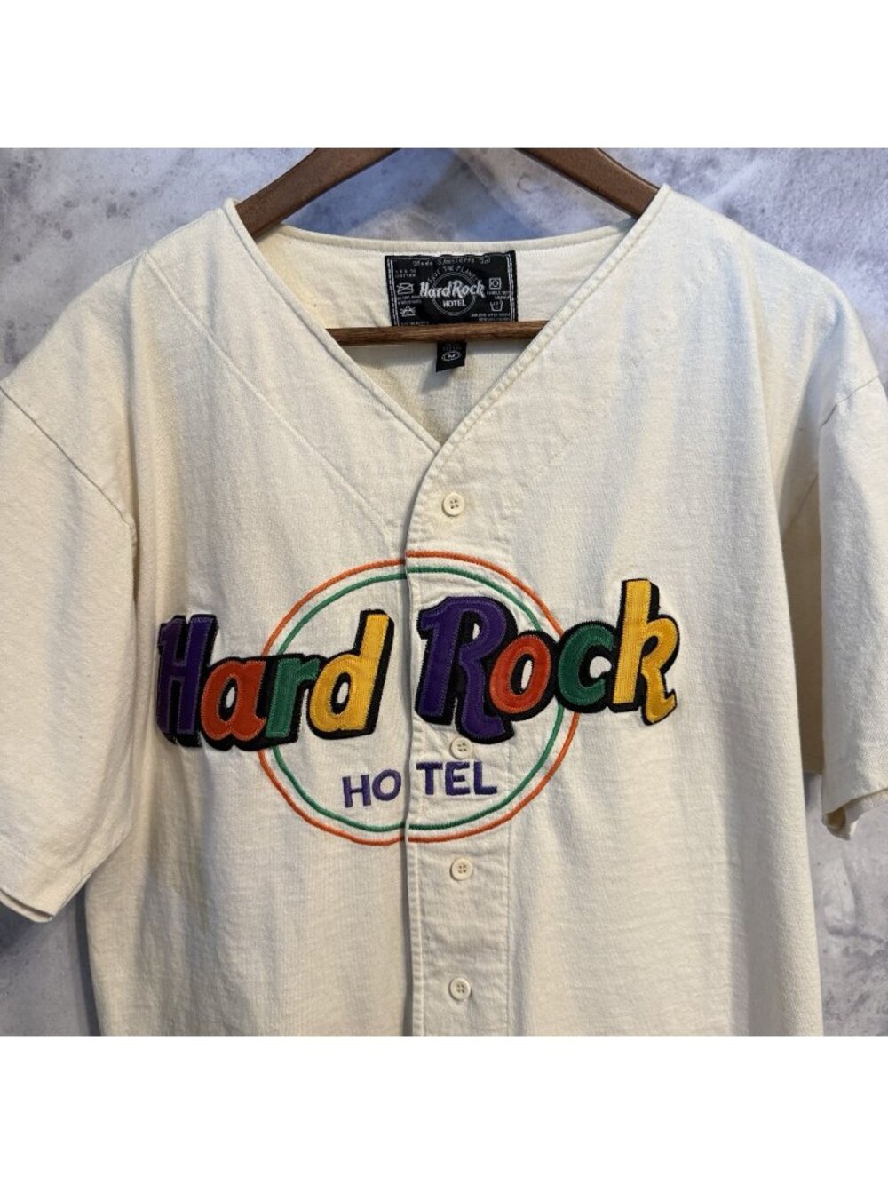 VTG 90s Hard Rock Hotel Las Vegas 96 Baseball Jersey Embroidered Cream Medium